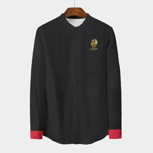 All-Over Print Men's Stand Collar Shirt With Long Sleeve|110GSM Imitation Flax