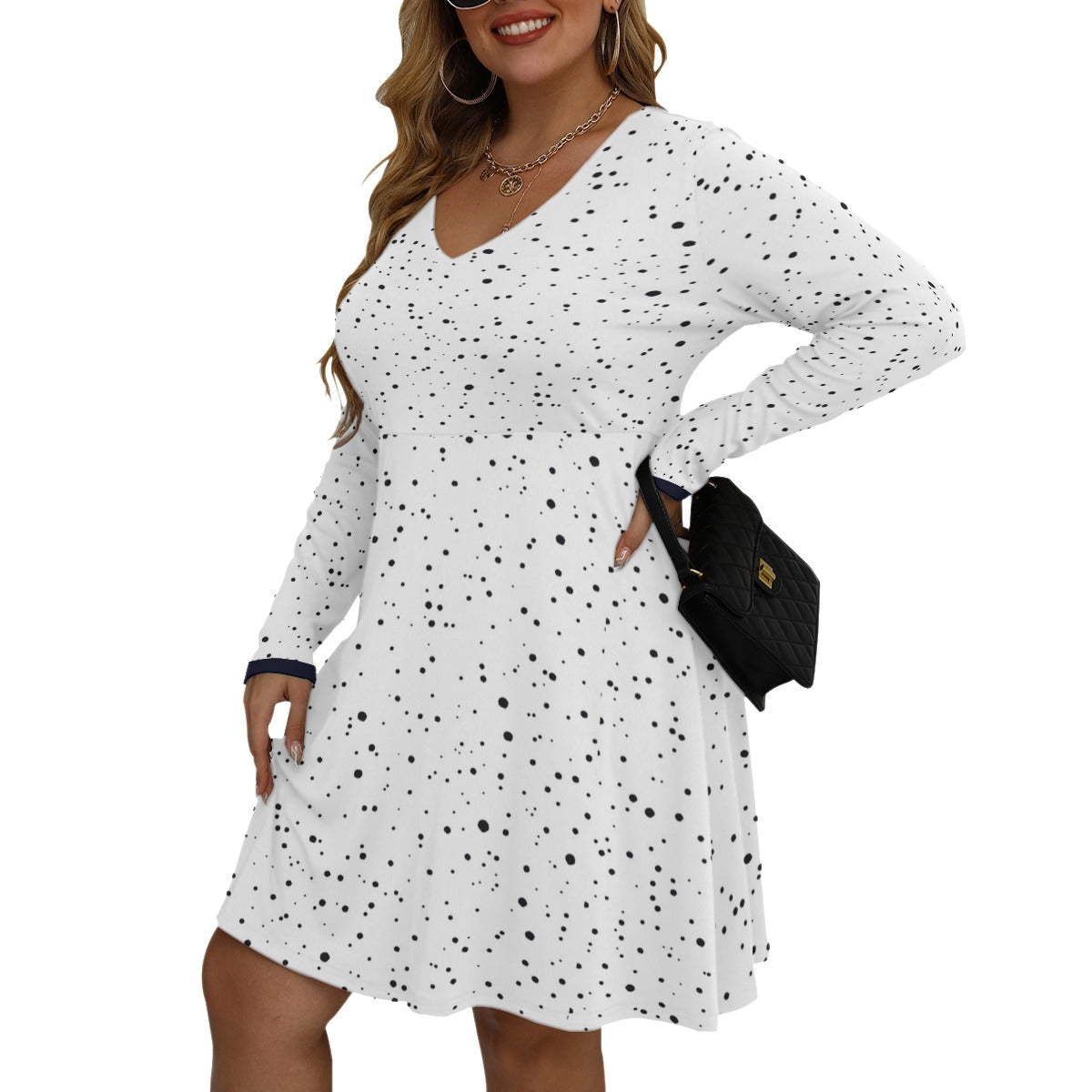 DOT Print Women's V-neck Long Sleeve Dress(Plus Size)