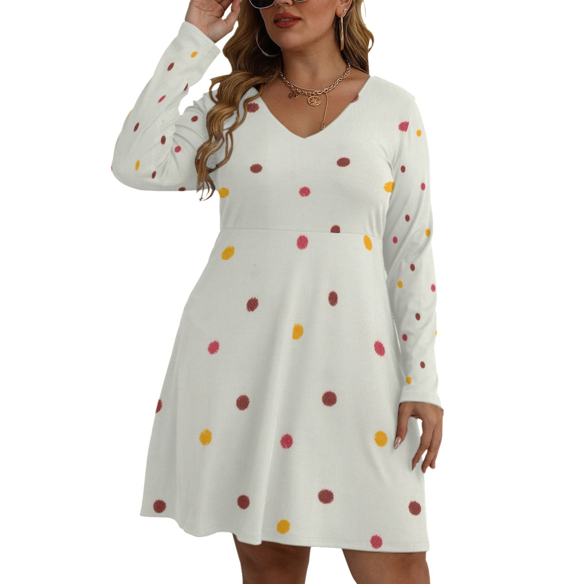 Women's Multi Color Dot V-neck Long Sleeve Dress(Plus Size)