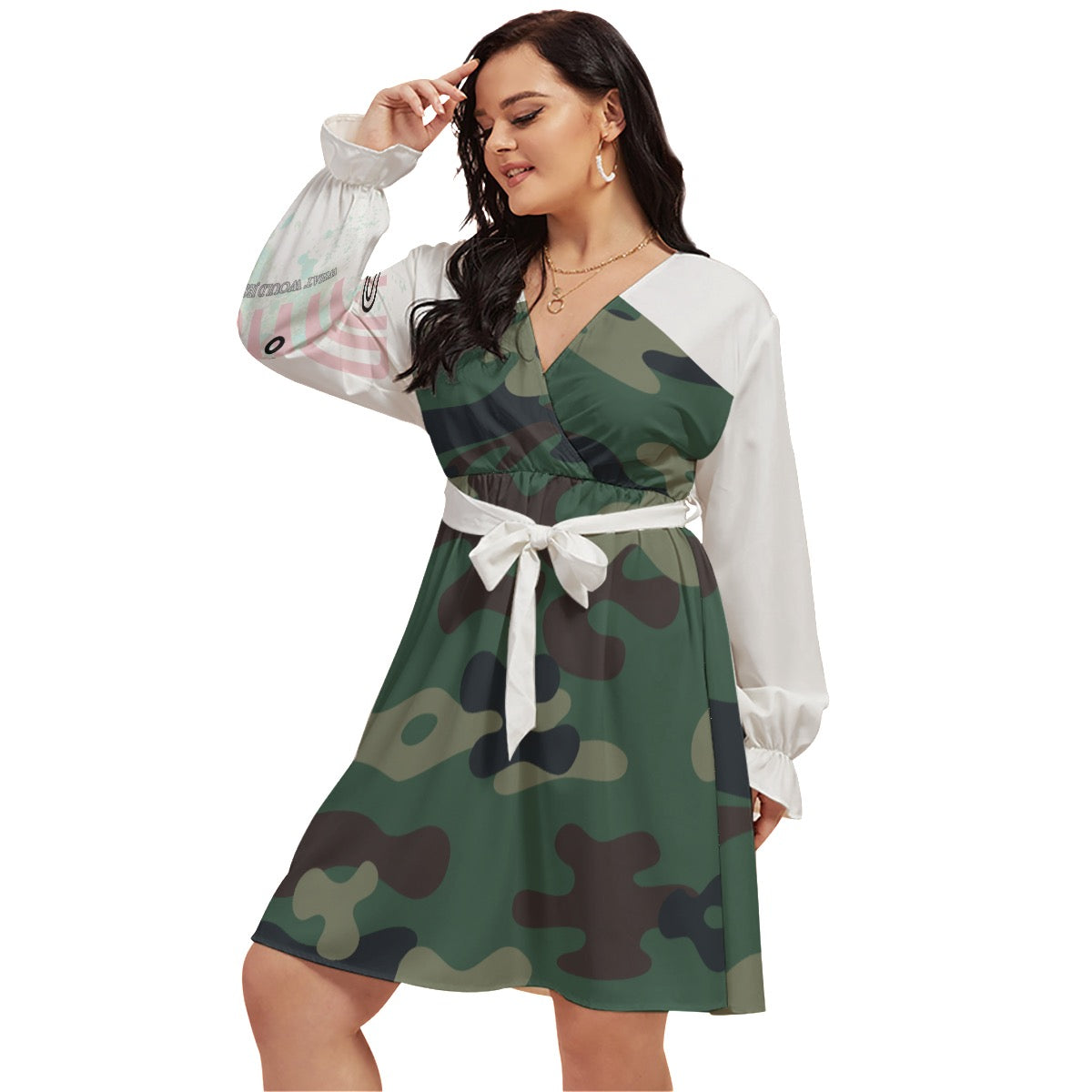 WWJD Camo Women's V-neck Dress With Waistband(Plus Size)
