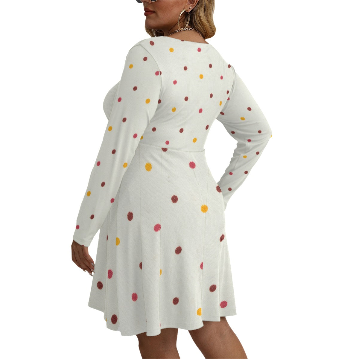 Women's Multi Color Dot V-neck Long Sleeve Dress(Plus Size)