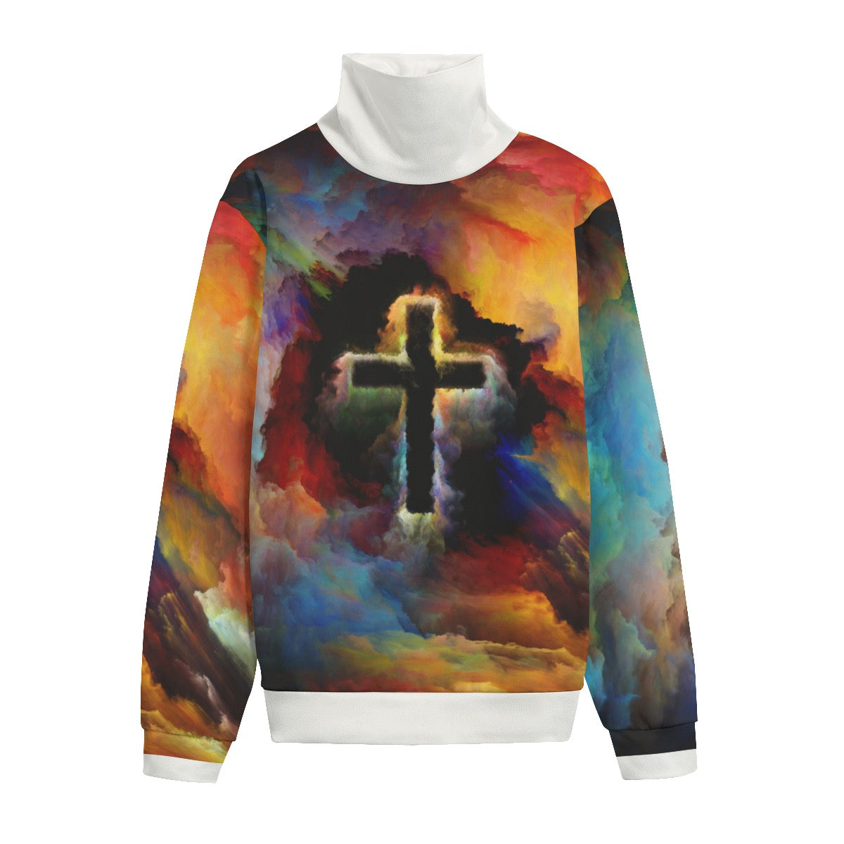 Cross Print Unisex Turtleneck Knitted Fleece Sweater