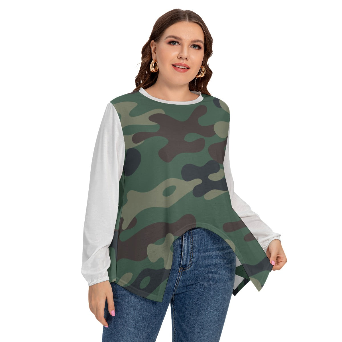 Camo Print Women’s T-shirt With Asymmetrical Hem(Plus Size)