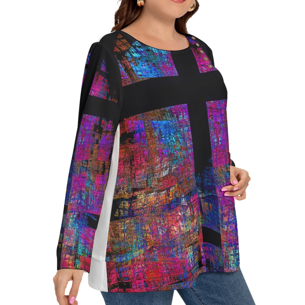 All-Over Print Women’s O-nekc T-shirt With Decorative Buttons(Plus Size)