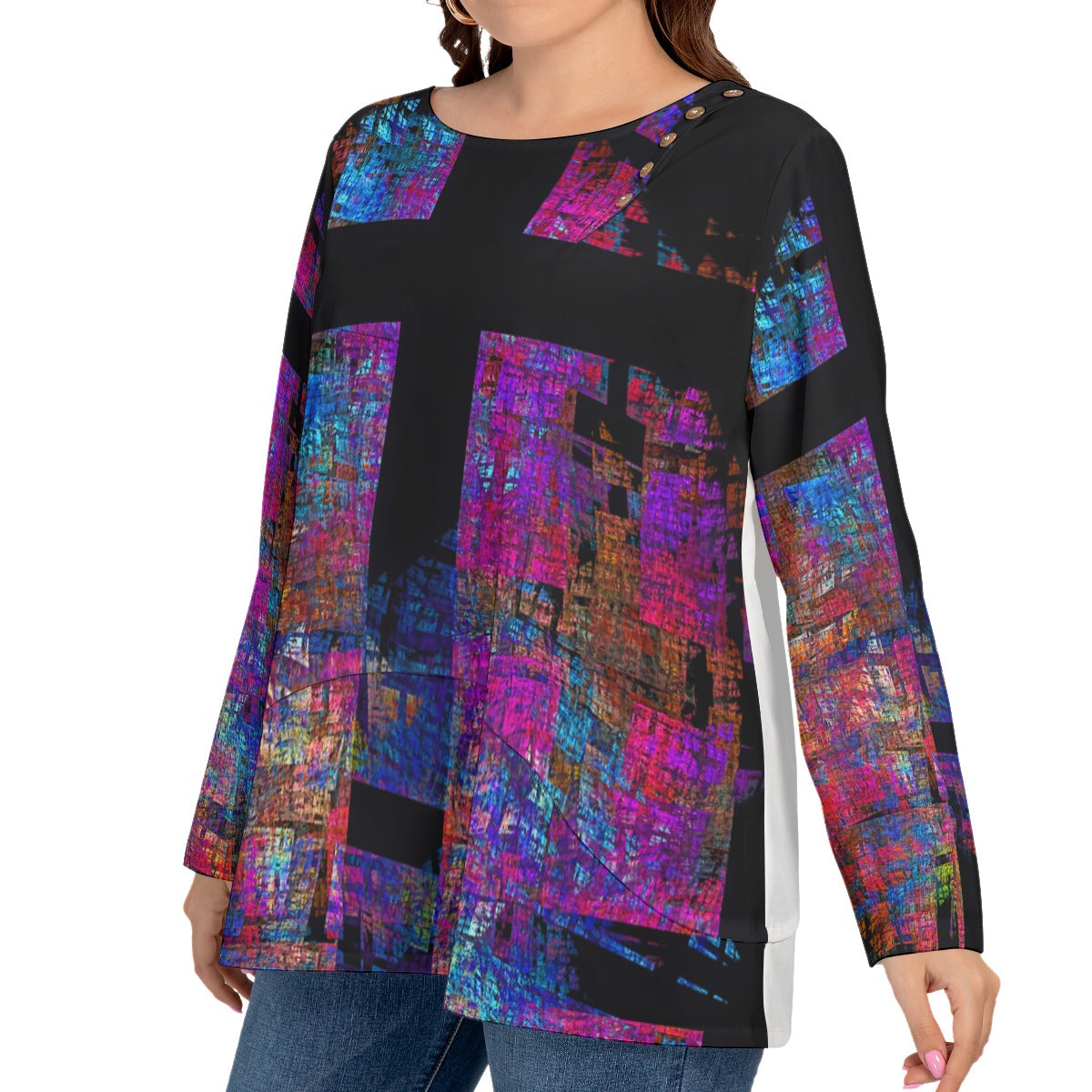 All-Over Print Women’s O-nekc T-shirt With Decorative Buttons(Plus Size)