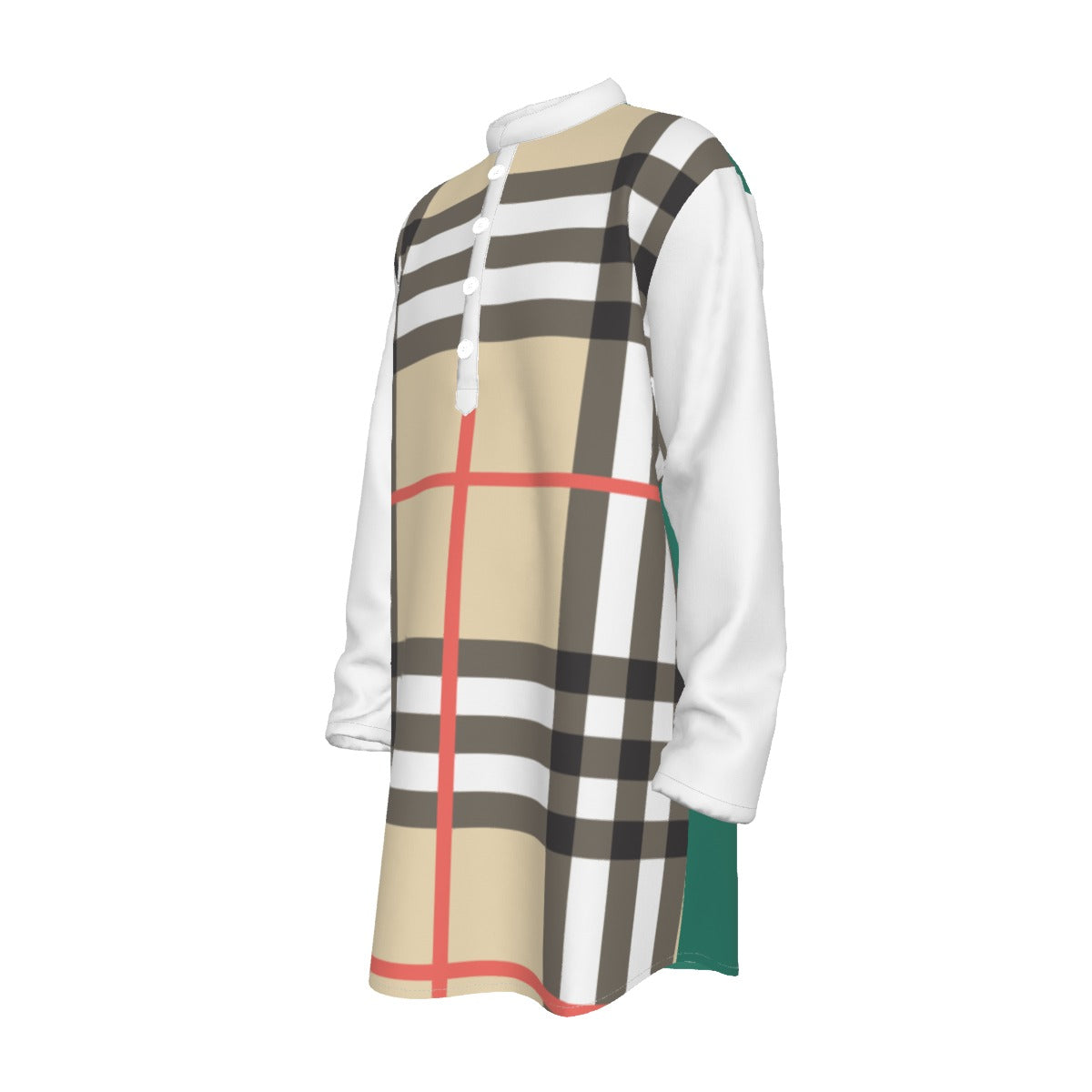 Men's Preacher Collar Long Shirt Checker Print