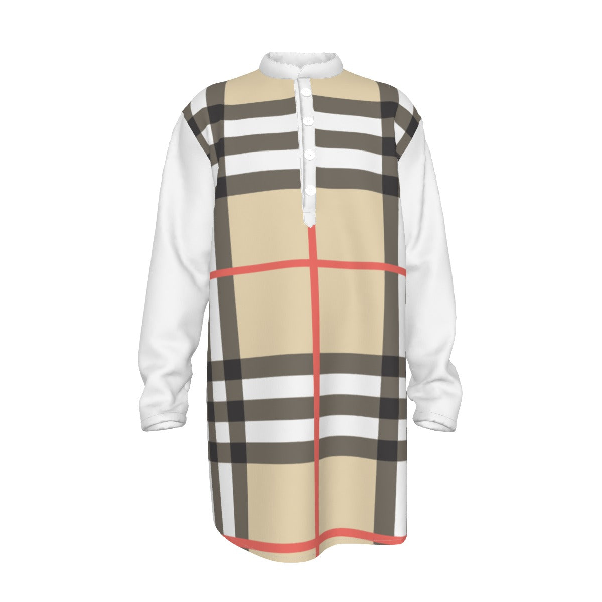 Men's Preacher Collar Long Shirt Checker Print