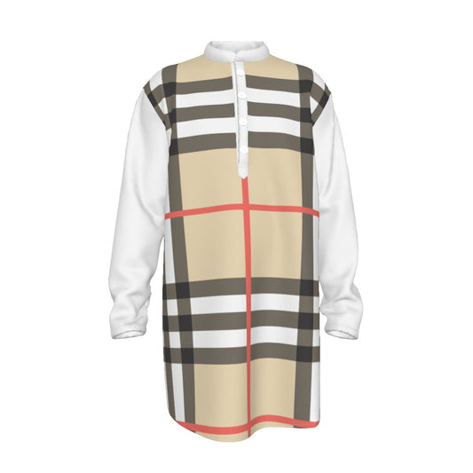 Men's Preacher Collar Long Shirt Checker Print
