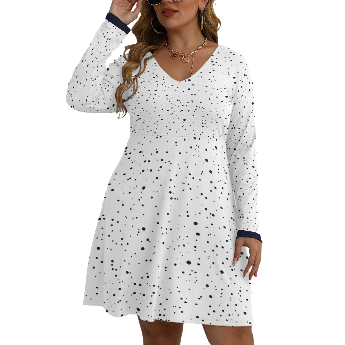 DOT Print Women's V-neck Long Sleeve Dress(Plus Size)