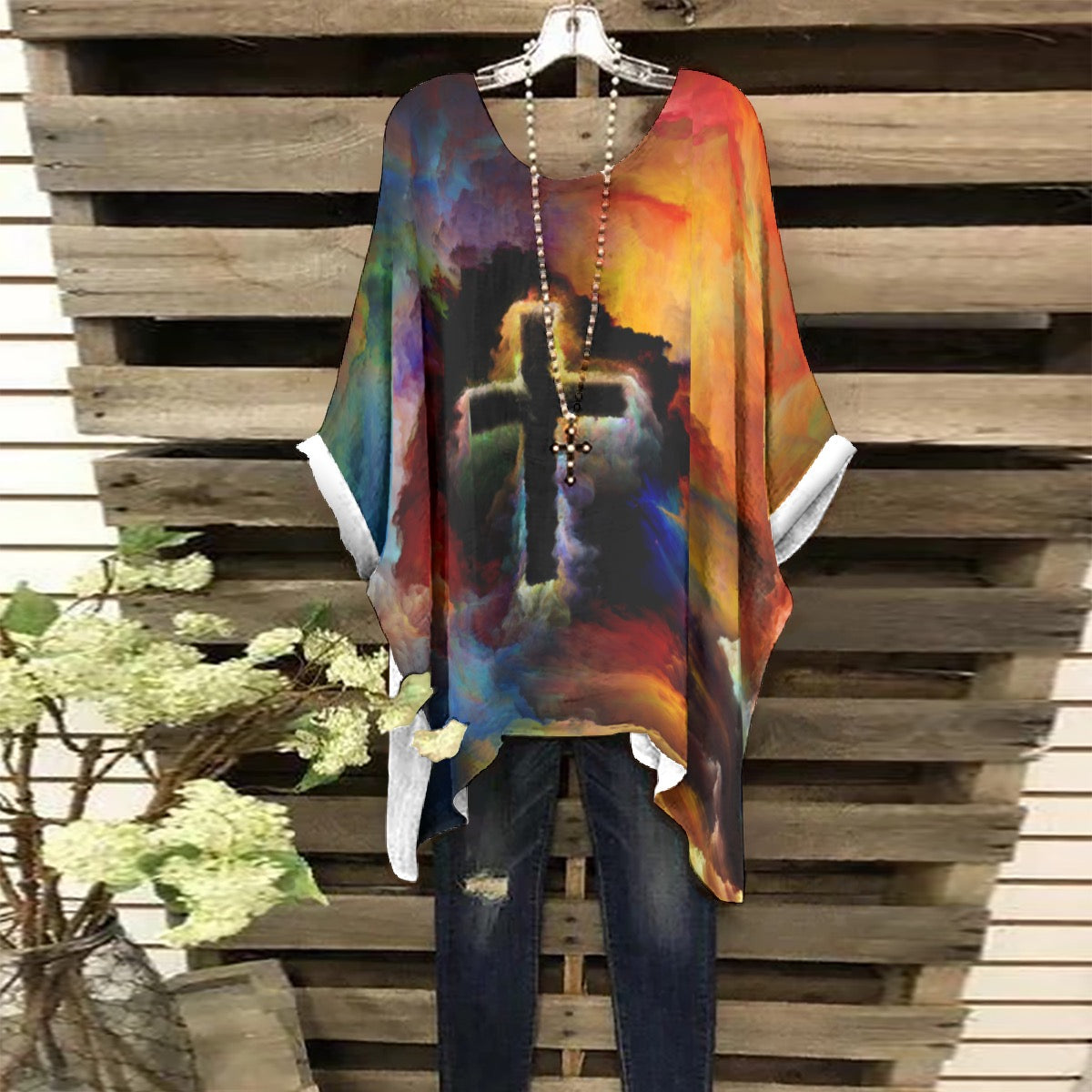 Cross Print Women's Bat Sleeve Shirt