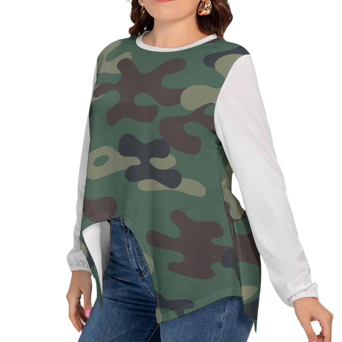 Camo Print Women’s T-shirt With Asymmetrical Hem(Plus Size)