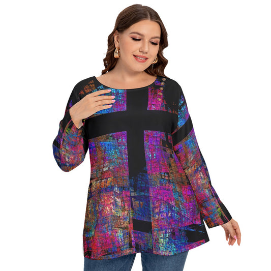 All-Over Print Women’s O-nekc T-shirt With Decorative Buttons(Plus Size)