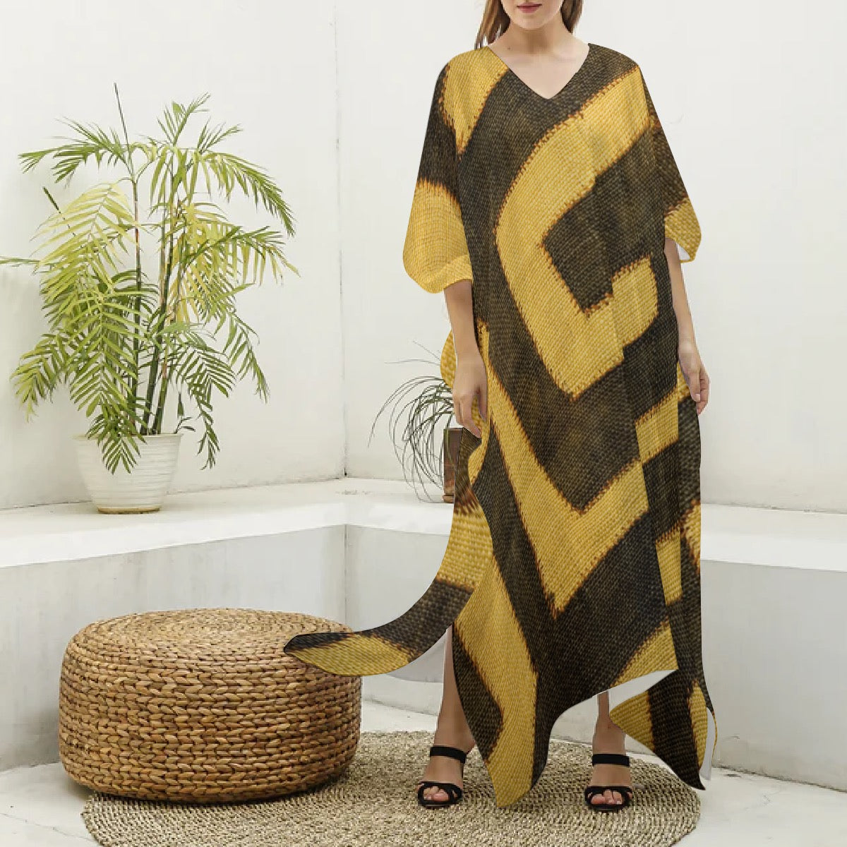 Women's African Imitation Silk V-neck Kaftan Robe