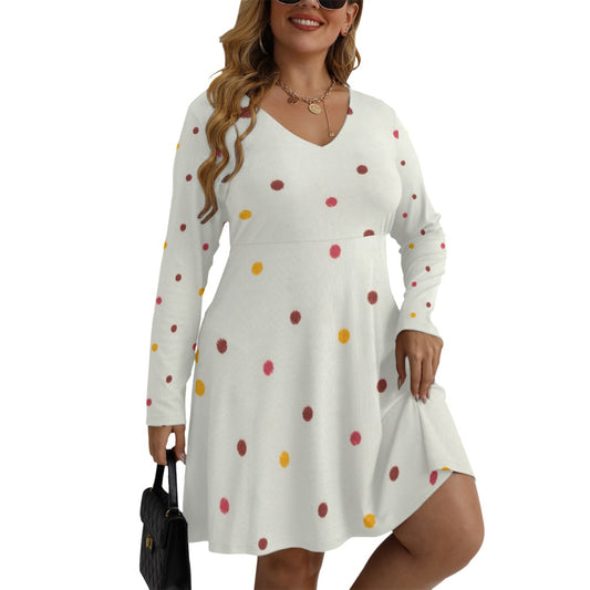 Women's Multi Color Dot V-neck Long Sleeve Dress(Plus Size)