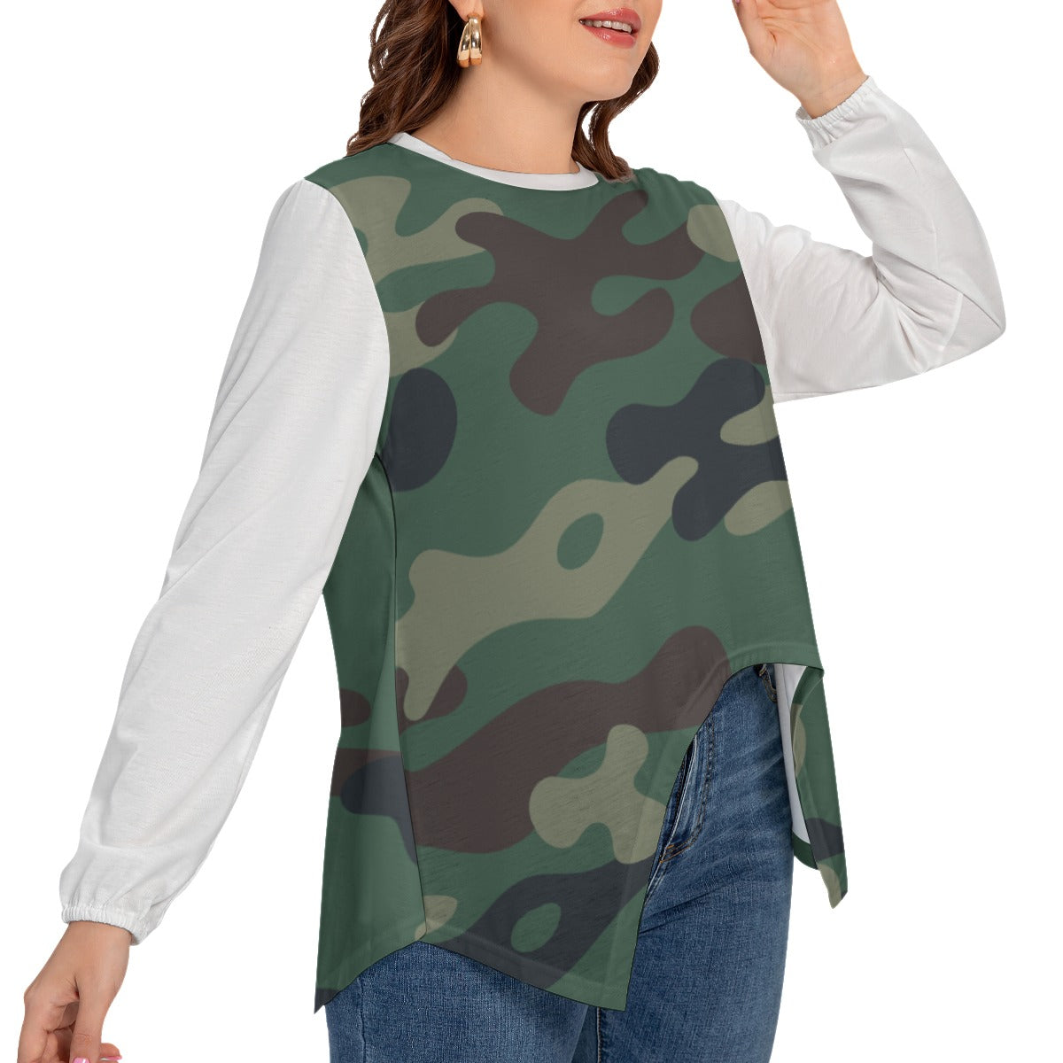 Camo Print Women’s T-shirt With Asymmetrical Hem(Plus Size)