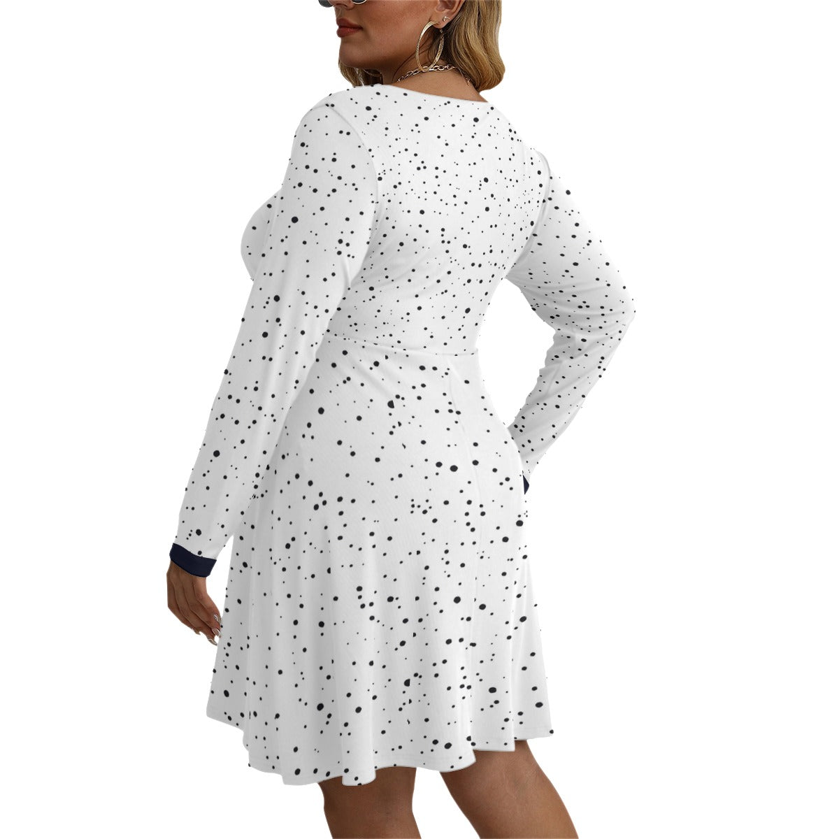 DOT Print Women's V-neck Long Sleeve Dress(Plus Size)