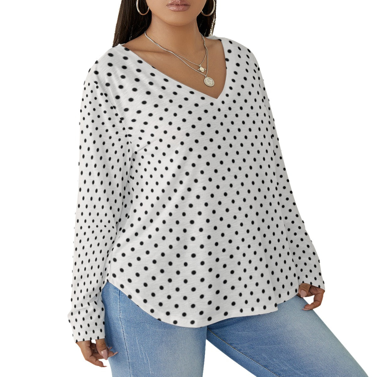 Women's DOT V-neck T-shirt With Curved Hem(Plus Size)