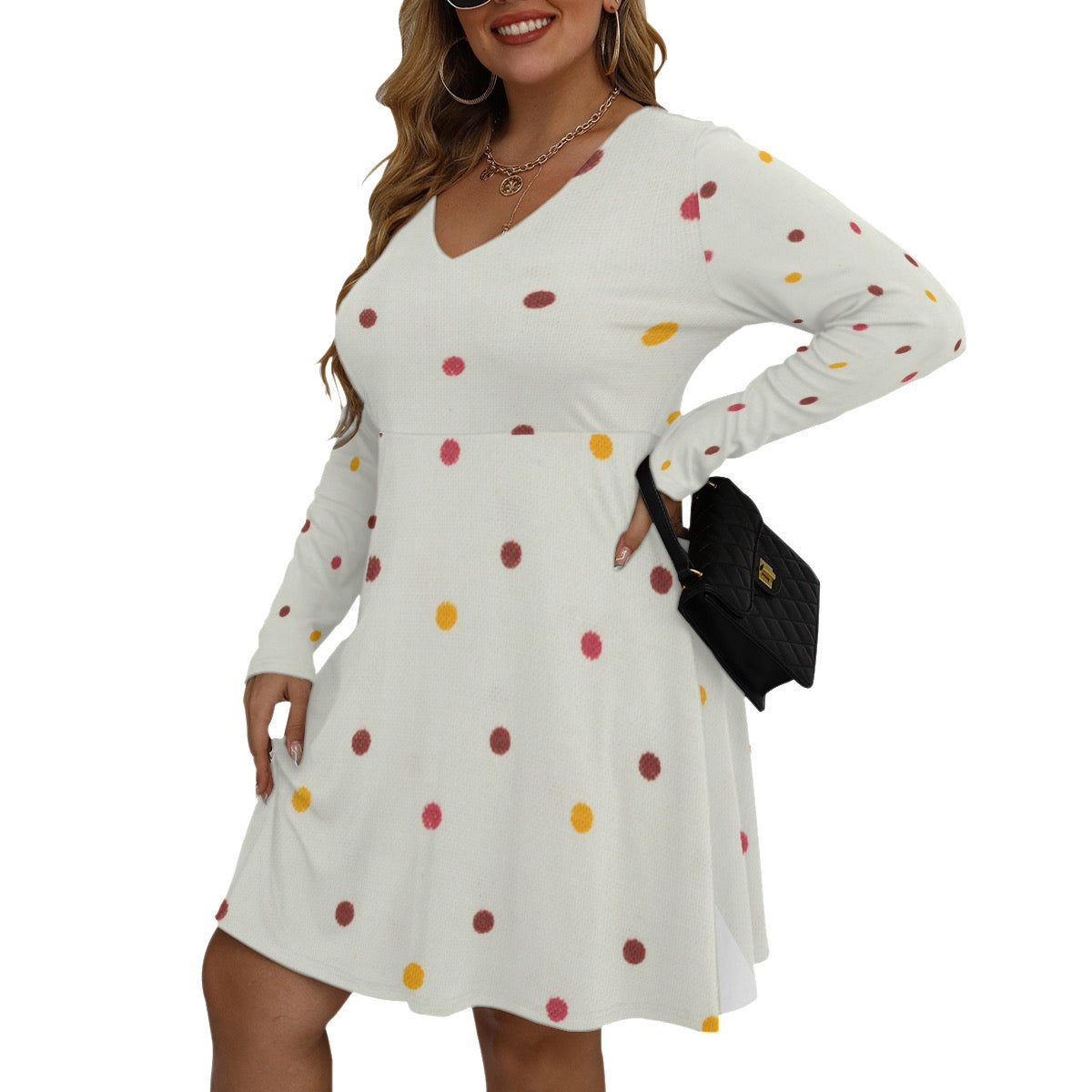 Women's Multi Color Dot V-neck Long Sleeve Dress(Plus Size)