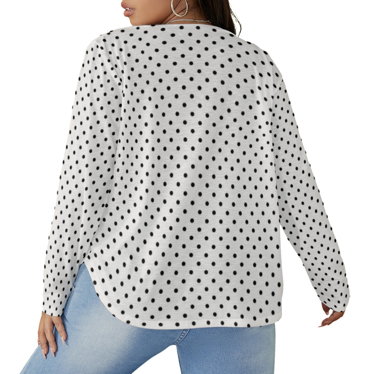 Women's DOT V-neck T-shirt With Curved Hem(Plus Size)