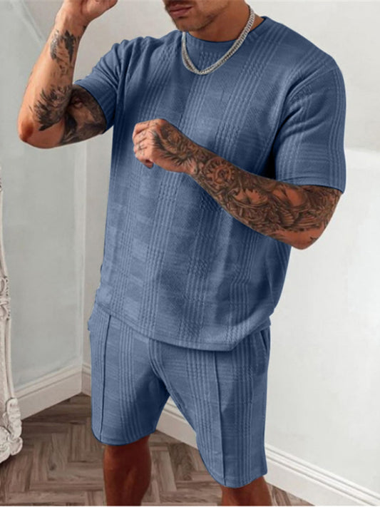 Men's casual plaid short-sleeved T-shirt + shorts two-piece set